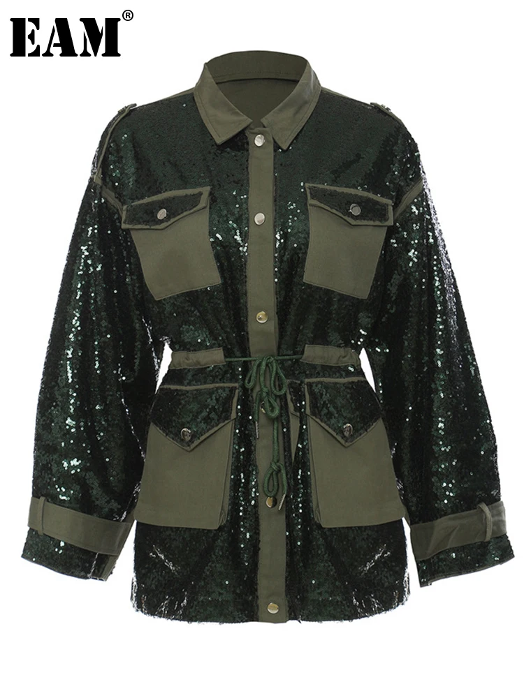 

[EAM] Женский Зеленый Блейзер с блестками, большой размер, новинка, с отворотом, длинный рукав, свободный крой, куртка, модная, весна-осень 2022, ...