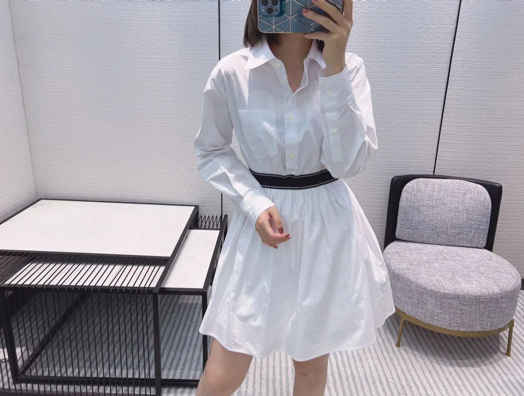 

Korean solid color slim fit lapel collar long sleeve button dress spring and summer top fashion