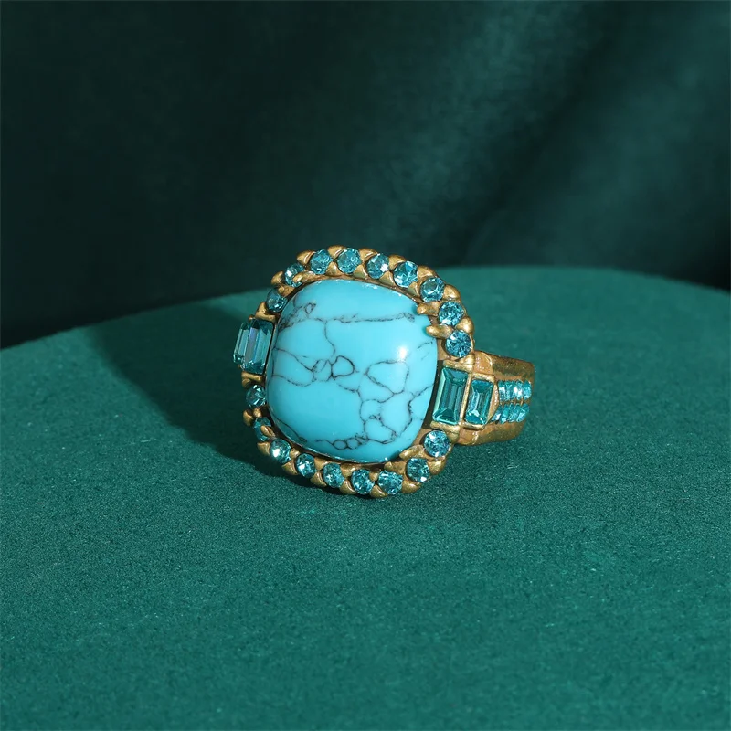 Фото Vintage Wedding Rings for Women Round Blue Natural Oval Green Crystal Horse Eye Shape Glass Retro Pattern Gold Color Jewelry №5
