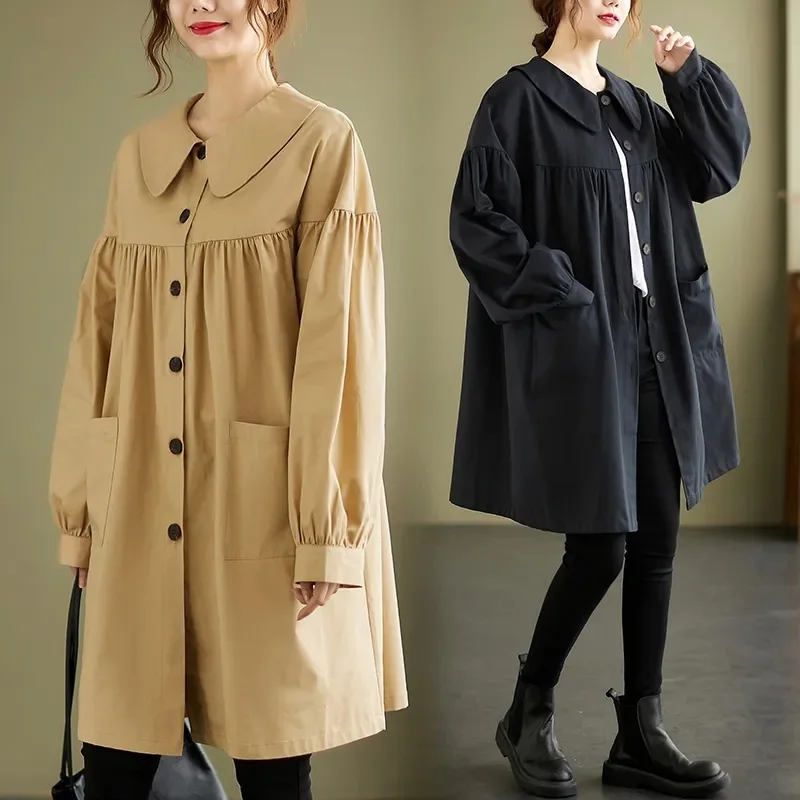

Женский однотонный Тренч из полиэстера, свободная простая верхняя одежда с отложным воротником и длинным рукавом, с карманами, Осень-зима ...
