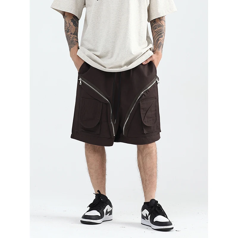 

Multi-pocket Overalls Shorts Mens Urban Streetwear Functional Wind Zipper Women Multiple Pockets Solid Color Cargo Shorts Baggy