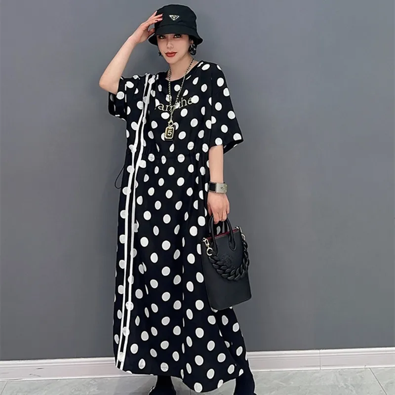 

Женское прямое платье в горошек, повседневное свободное платье с круглым вырезом и коротким рукавом, лето 2023