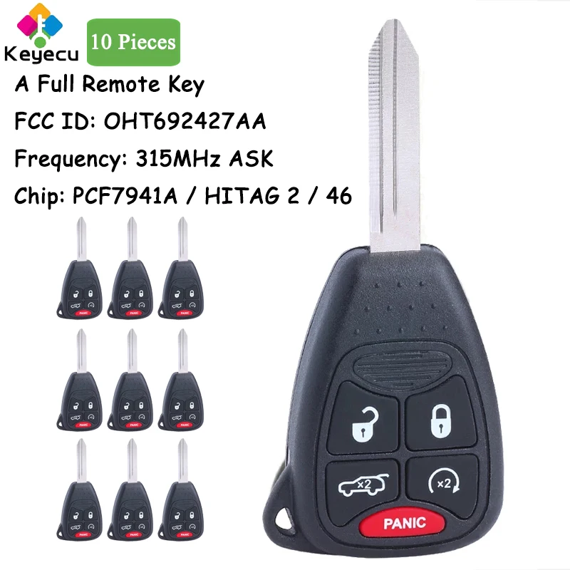 

KEYECU 10 Pieces Remote Key With 5 Buttons 315MHz ID46 Chip for Chrysler/ JEEP/ DODG 300 200 Sedan Aspen Sebring Fob OHT692427AA