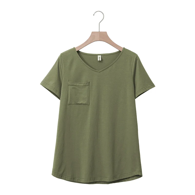 

Casual Short Sleeve V-neck Summer Women Cotton T-Shirt with Pockets M30325