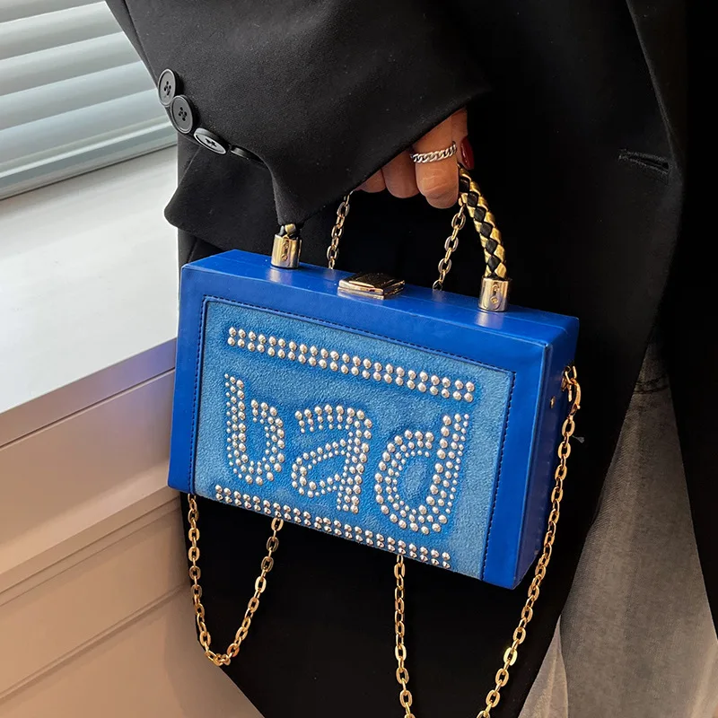 

Vintage Blue Women Box Clutch Bag Ladies Evening Bag Rivet Design Chain Handbag Wedding Female Clutch Shoulder Bag And Purse