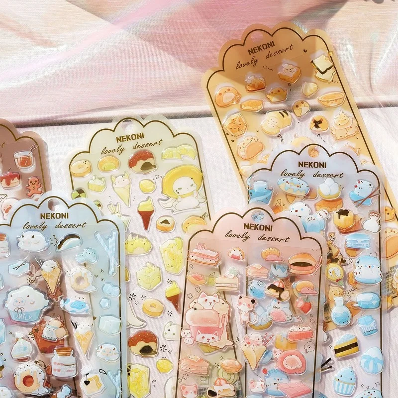 

1sheet Kawaii Cartoon Sticker Handmade Crystal Glue Decro Sticker Cute Cake Animal Ice-cream Sticker for Scrapbook Journal Diary