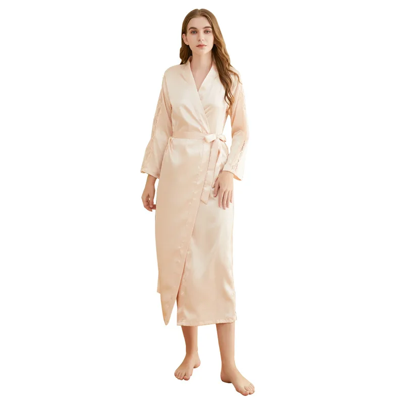 Women's Sleep Pajamas Emulation Silk Nightgown Lace-up Sexy Long Robe Hotel Casual Comfortable Bathrobe Homewear Underwear