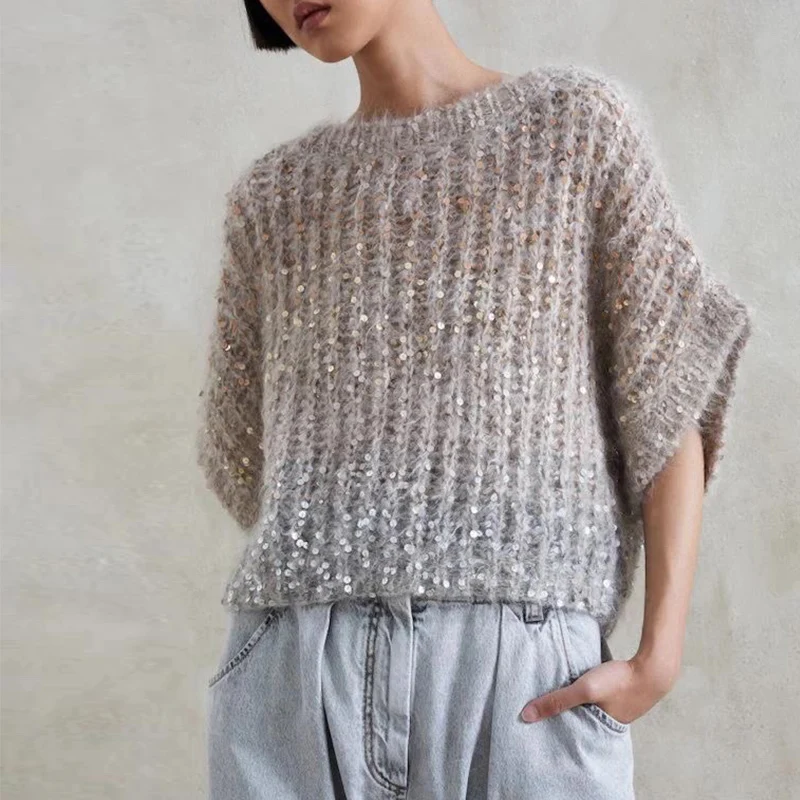 

Женский пуловер с блестками и круглым вырезом, осень 2023