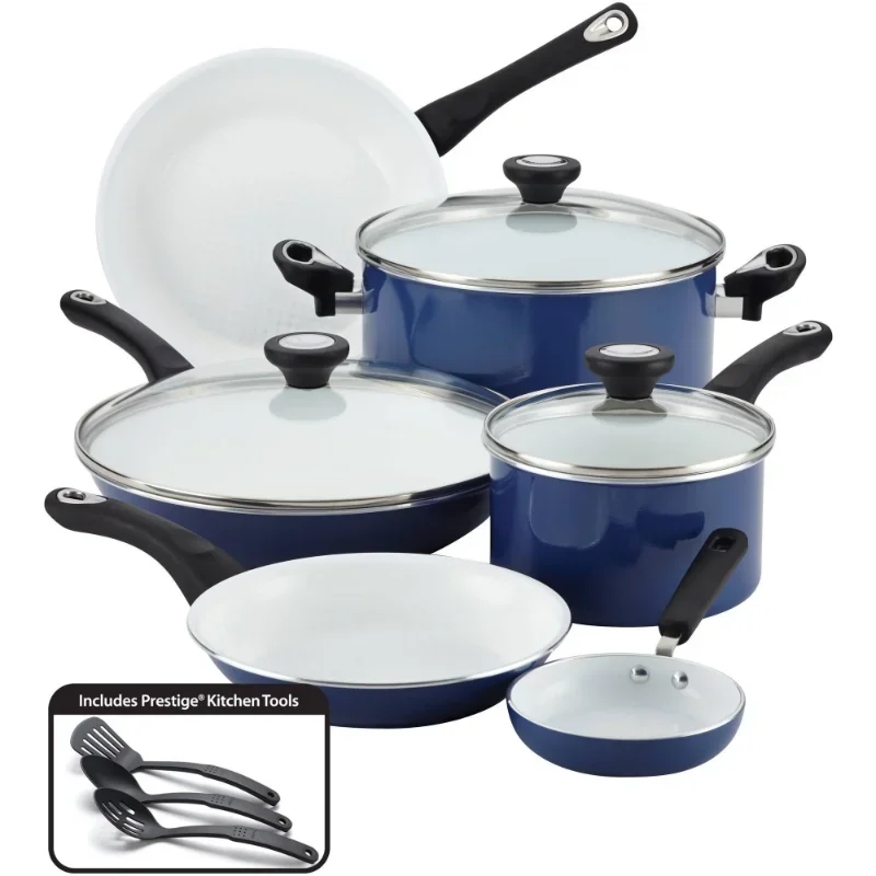 

Farberware 12-Piece PURECOOK Ceramic Nonstick Pots and Pans Set/Cookware Set, Blue Cookware Sets with Lids