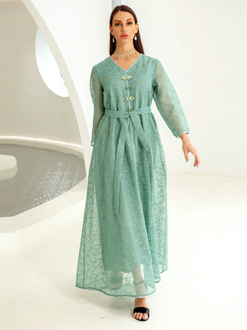 Dresses For Women 2022 V-Neck Long Sleeve Mesh Rhinestone Beaded Belted Morrocan Kaftan Dress Muslim Clothing For All Season
