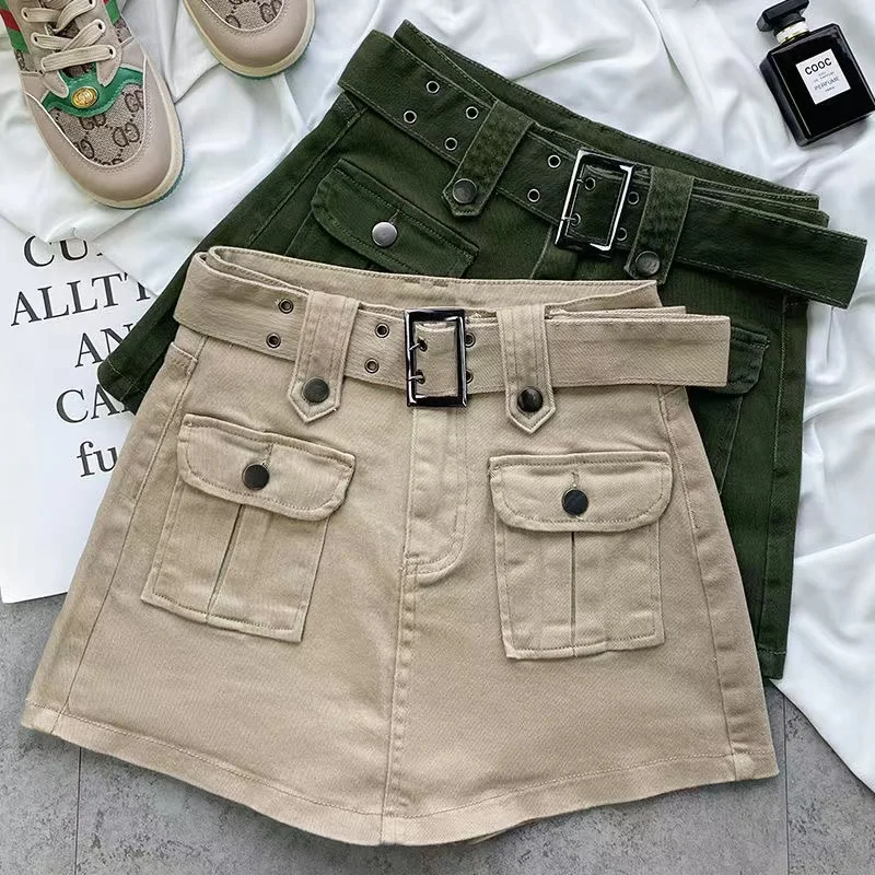 

Женская летняя повседневная юбка карго с карманами, женская уличная одежда, трапециевидная мини-юбка с высокой талией