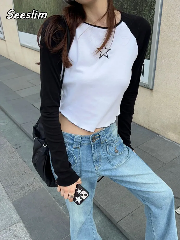 

Seeslim Autumn Y2k Vintage T Shirt Print Star Crop Top Long Sleeve Patchwork Grunge Aesthetic Tshirts American Retro Funny Tee