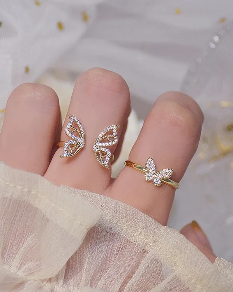 

Korean Gold Hollow Butterfly CZ Ring for Women Adjustable Open Design Pave Zircon Butterfly Ring Wedding Jewelry Gift
