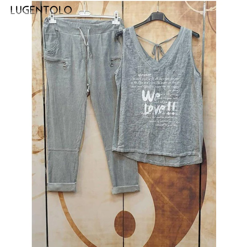 

Women Vest Top Pants Set Summer Tanks Sleeveless Letter Print V-neck Elastic Waist Casual Cross-pants