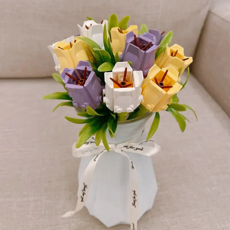 

Tulip Building Block Bouquet Perpetual Flower 3D Model Home Decoration Plant Potted Flower Assembly Bricks Child Festive Gifts