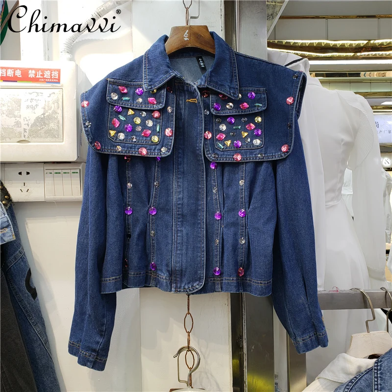 

2022 Early Spring New Ladies Fashion Simple Pleat Waisted Short Zipper Denim Jacket Women's Elegant Solid High Street Jeans Coat
