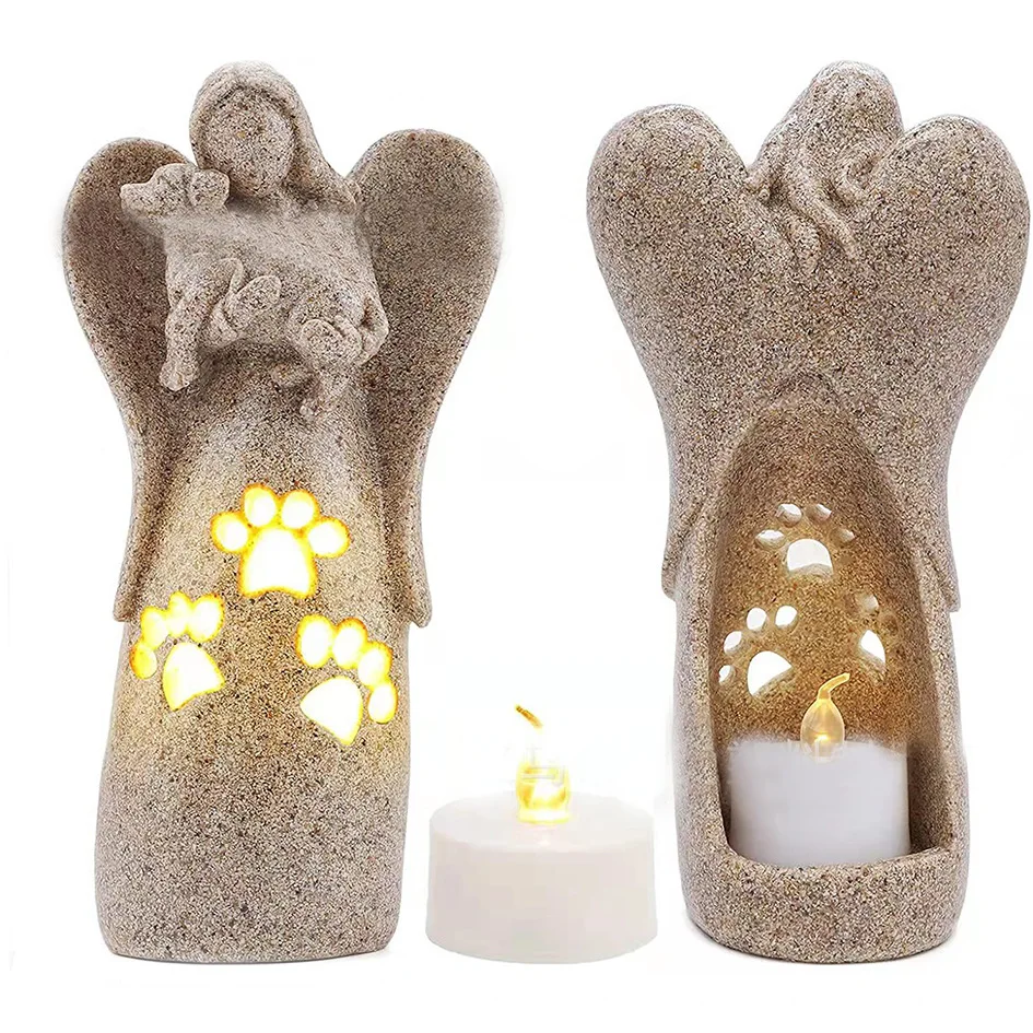 

Angel Hugging Dog Statue Resin Figurine Candle Holder with Flickering LED Candle
