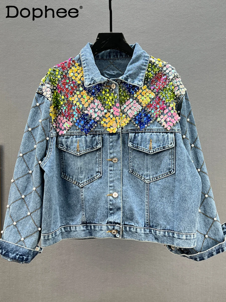 

Color Diamond Sequins Denim Jacket Women's 2022 New Spring Autumn Clothes Loose Slimming Single-Breasted Jeans Jacket Outer Wear