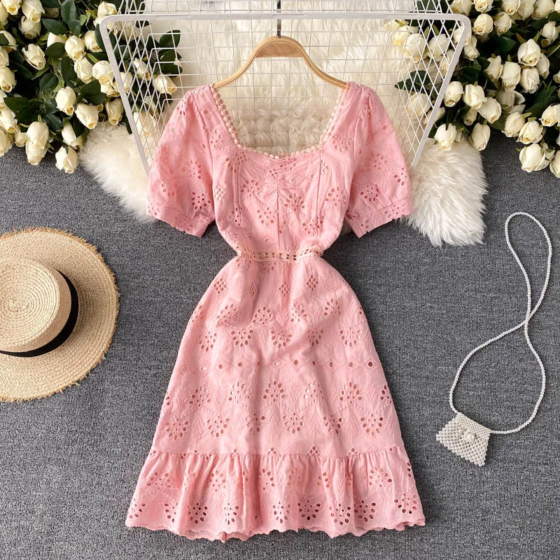 

Женское ажурное мини-платье, элегантное белое винтажное платье с квадратным вырезом и коротким рукавом, лето 2022