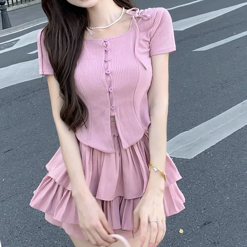 

Large Round Neck Single-Breasted Women'S Summer Comfortable Short-Sleeved T-Shirt Waist Pleated Fluffy Cake Skirt Two-Piece Set
