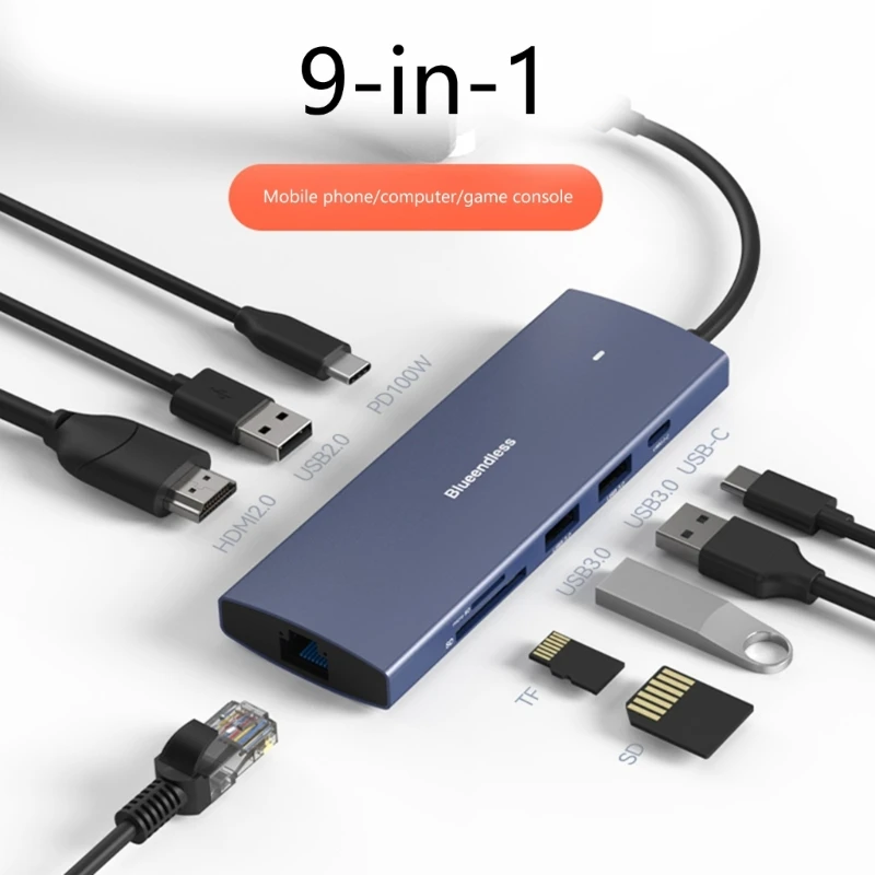 

USB C Hub 9 в 1 Алюминиевый USB C адаптер к HDMI- USB SD/TF кардридер разделитель F19E