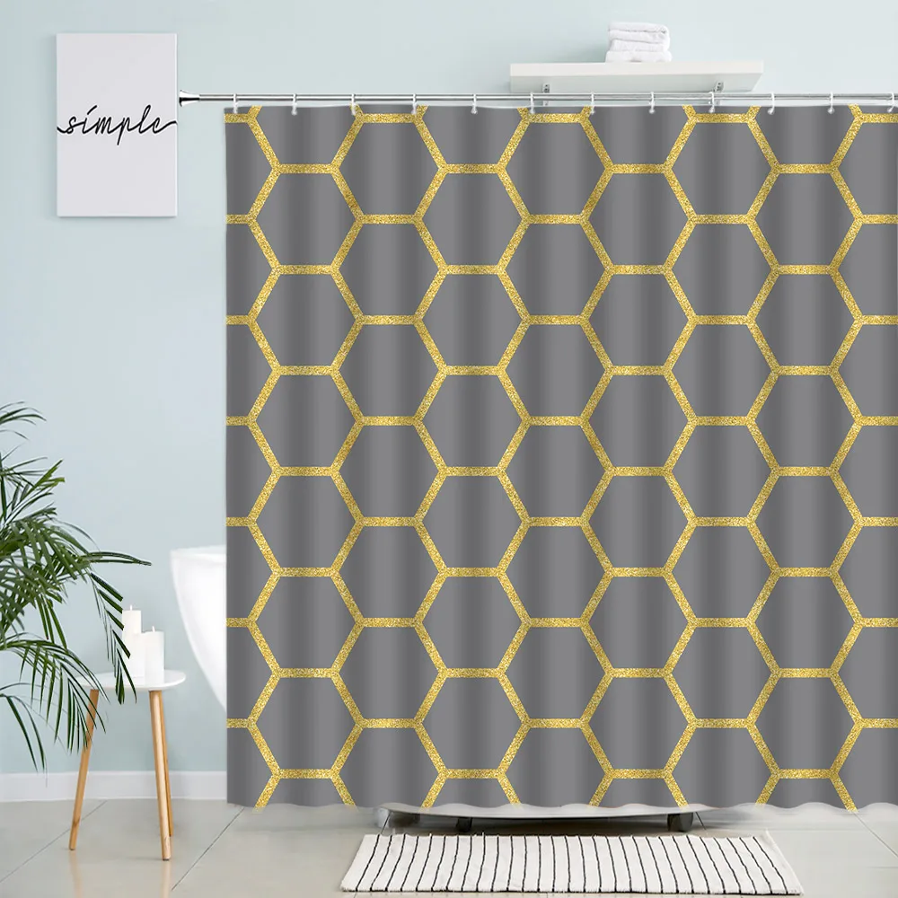 

Gold Line Geometric Shower Curtain Set Creative Design Grey Bath Curtains Modern Polyester Fabric Home Bathroom Decor With Hooks
