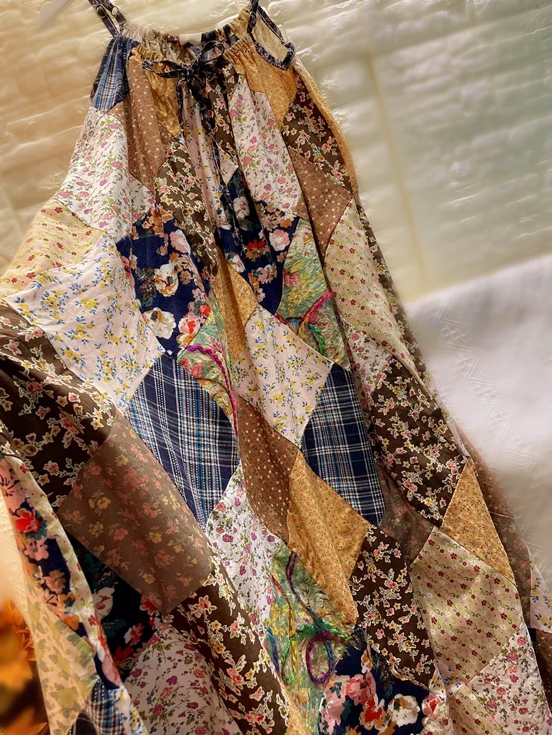 Летнее винтажное хлопково-льняное платье на тонких бретельках в стиле пэчворк Wura