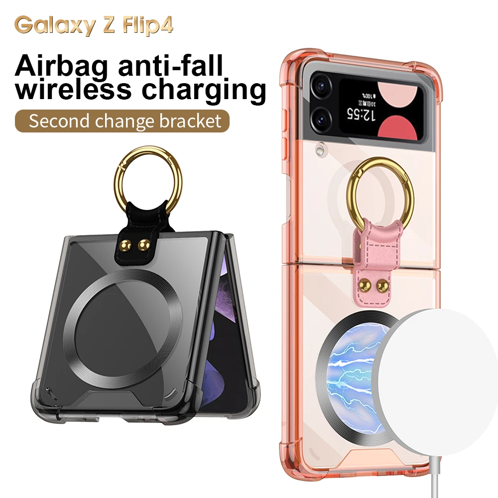 For Samsung Galaxy Z Flip 4 3 Magsafe Case Electroplated CD Texture Magnetic Wireless Charging Transparent Ring Holder Hard Case