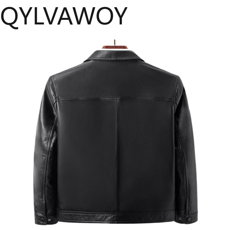 Фото QYLVAWOY Куртки из натуральной коровьей кожи для мужчин, деловые повседневные пальто с отложным воротником, высококачественная короткая куртка, осенне-зимняя куртка №3