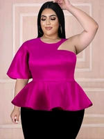 plus size tops blouse for women o neck one shoulder puff short sleeve hgih waist peplum ladies evening cocktail party shirts 4xl