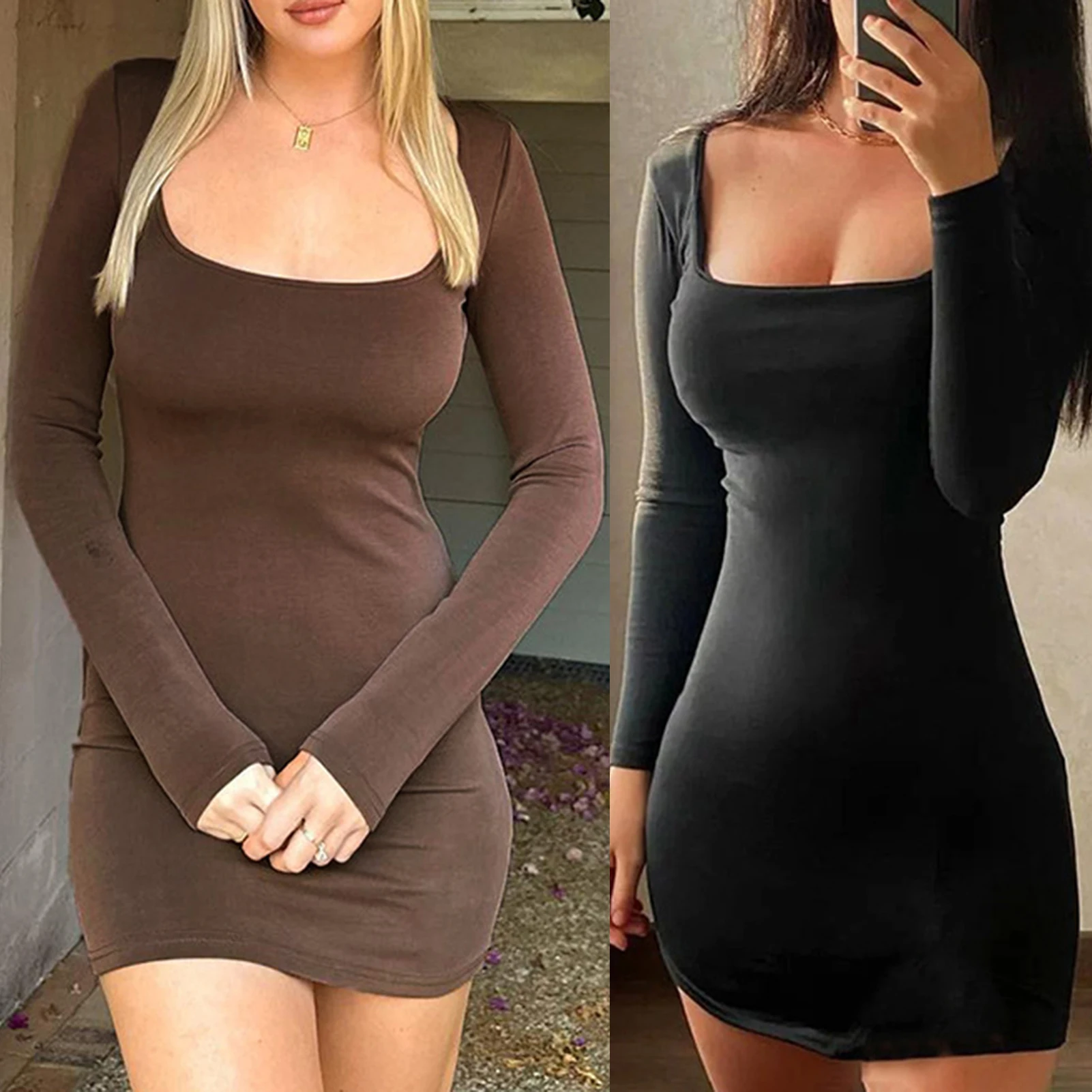 

Women Sexy Mini Dress Backless Long Sleeve Dresses Square Neck Basic Tunic Short Dress Vintage Style H Shaped Vacation Outfit