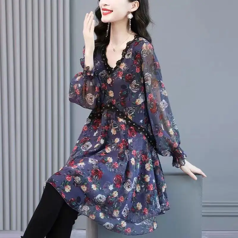 

Fashion Women Spring Autumn Style Chiffon Blouses Women Casual Long Sleeve Large Size Print Loose Shirt Elegant Women Tops E328