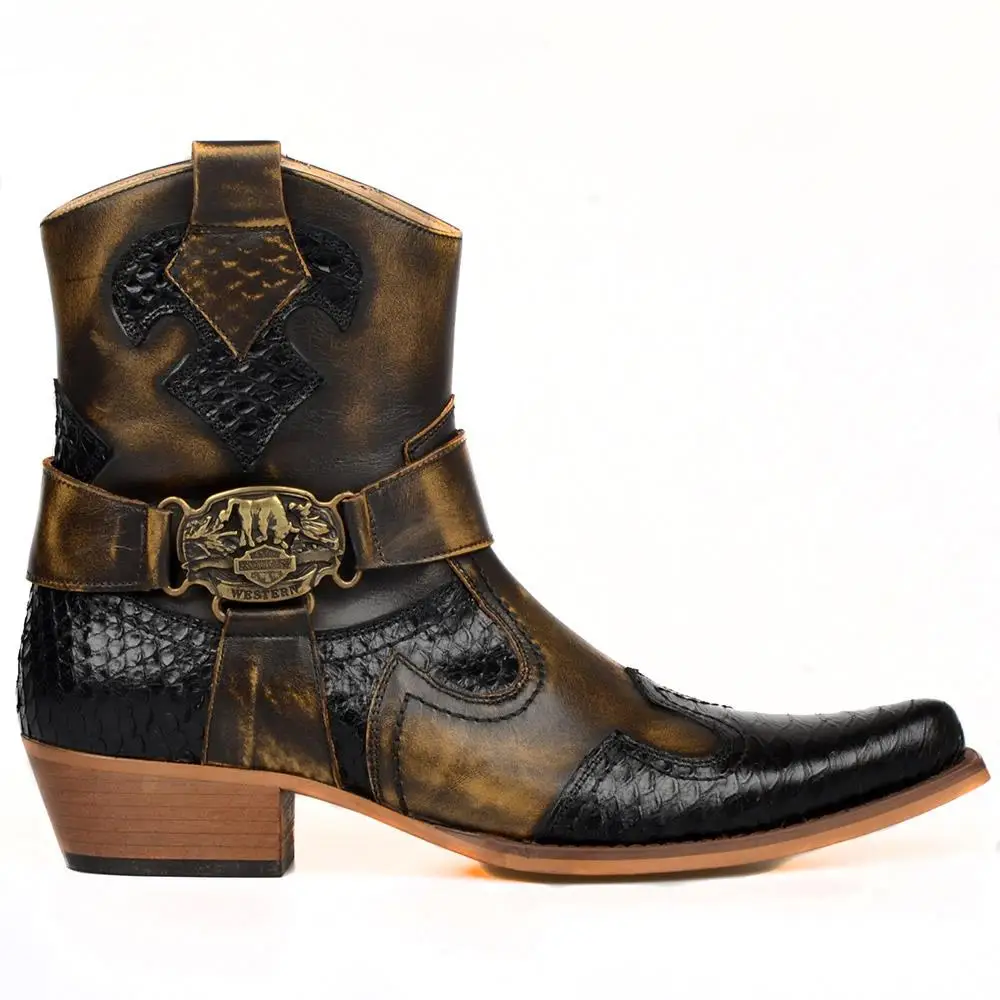 Black Snake Printed Genuine Cow Leather Pointed Toe Side Zip