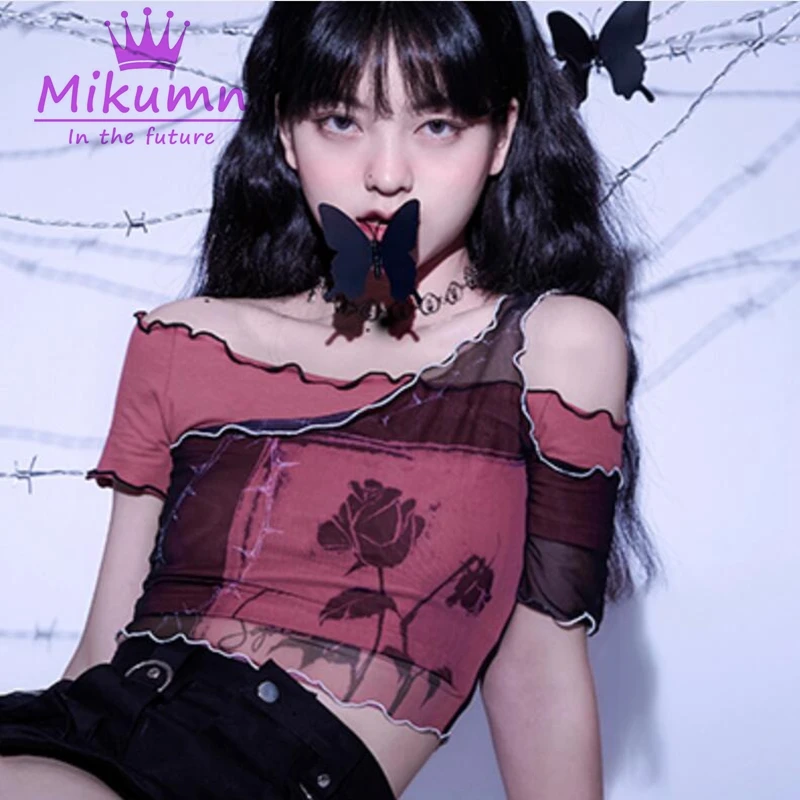 

Harajuku Gothic Vintage Rose Print Sexy See Through Mesh Crop Top Asymmetrical Short Sleeve T Shirt Women Girls Chic Streetwear