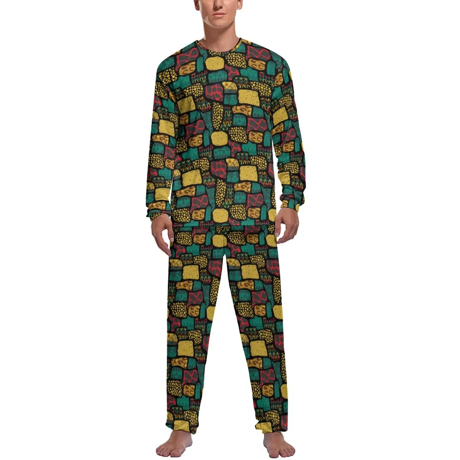 African Print Pajamas Spring Colorful Patchwork Casual Sleepwear Man 2 Pieces Graphic Long Sleeve Cute Pajamas Set