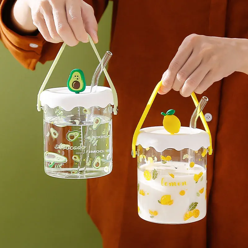

Cute Glass Cup With Lid And Straw Animal Fruit pattern Bubble Tea Cup Transparent Glasses Cups Beer Can Glass Coffee Cup Mugs