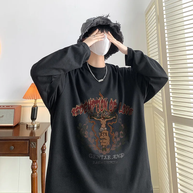

Y2k Harajuku Style American Retro Flame Cross Flower Printed Long Sleeve T-shirt for Men and Women Loose Autumn New Style