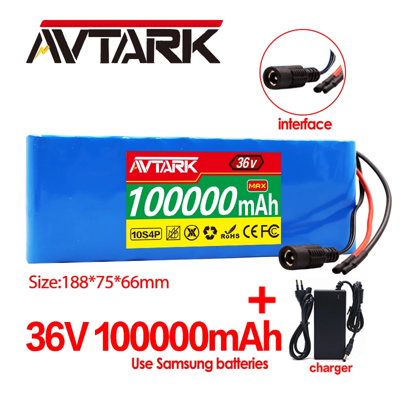

XT60 Interface 36V Battery 10S4P 100Ah Battery Pack 1000W High Power Battery 36V100000mAh Electric Bicycle BMS + 42v Charger