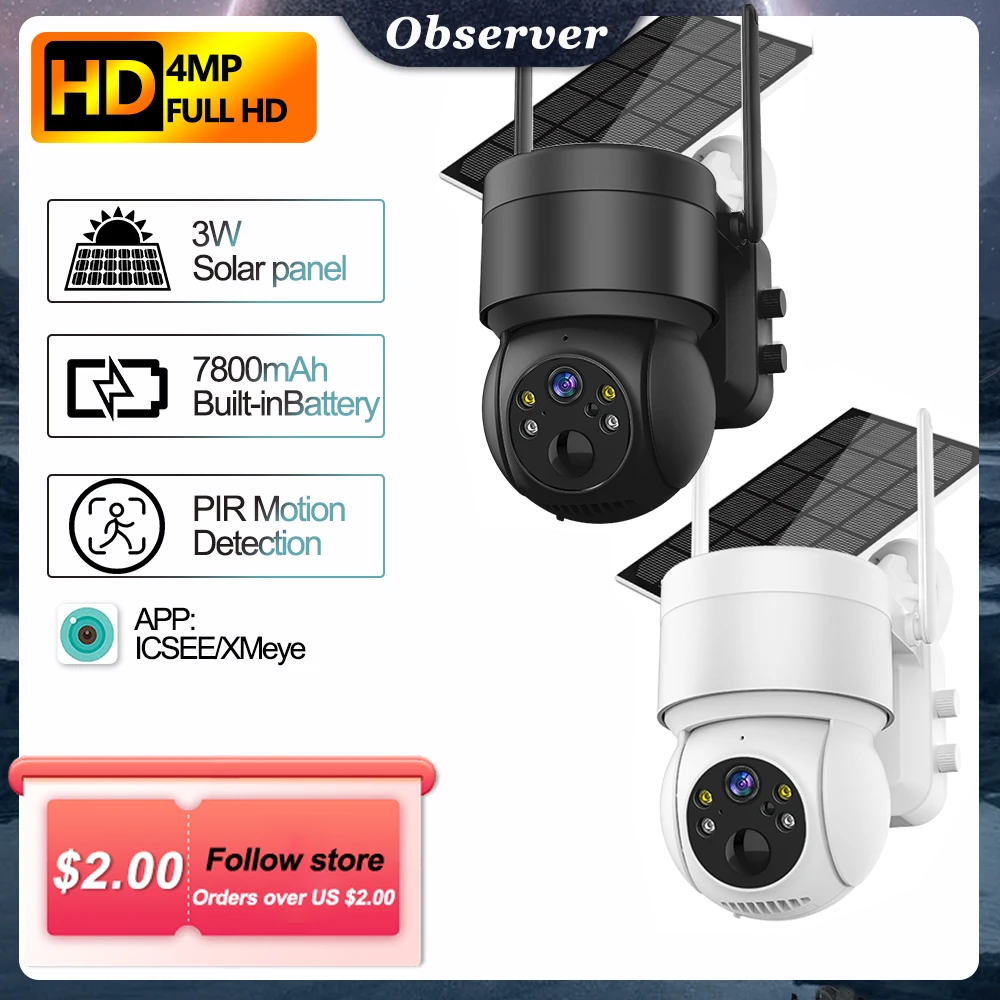 Solar Camera Wifi Outdoor 4MP HD Wireless Surveillance IP Cam With Solar Panel 4x Zoom Human Detection 7800mAh Recharge Battery