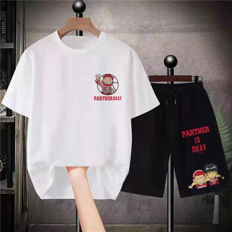 Summer 100 Cotton Slum Dunk T-Shirt Set Black Men T Shirt and Shorts 2 Piece Suit Oversized Sport Women Tracksuit Free Shipping