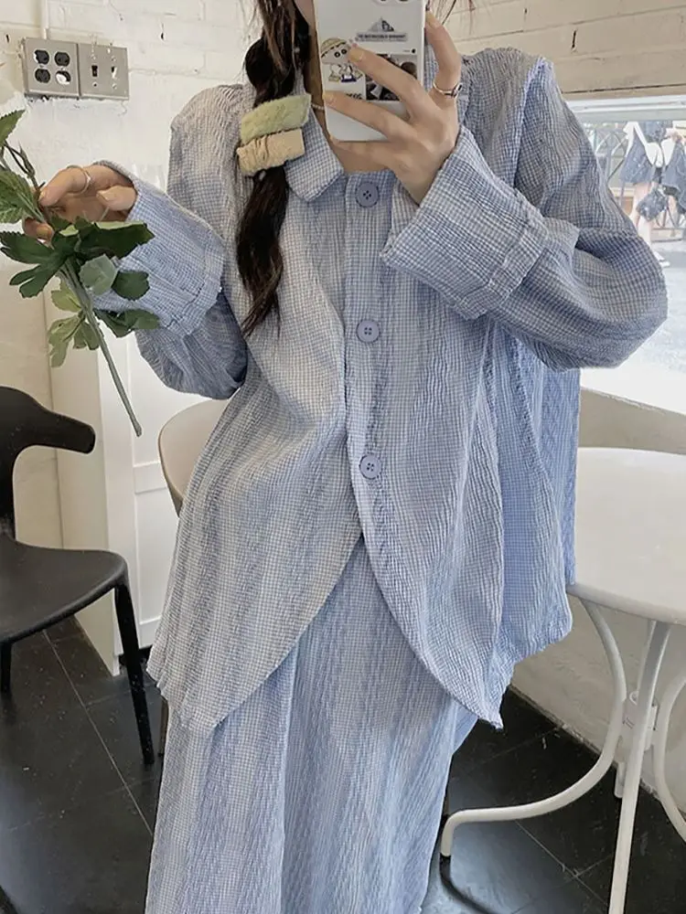 

New Autumn Casual Two Pieces Set Women Loose Single Breasted POLO collar Blue long-sleeved Shirt Coats +Long Skirts Suits