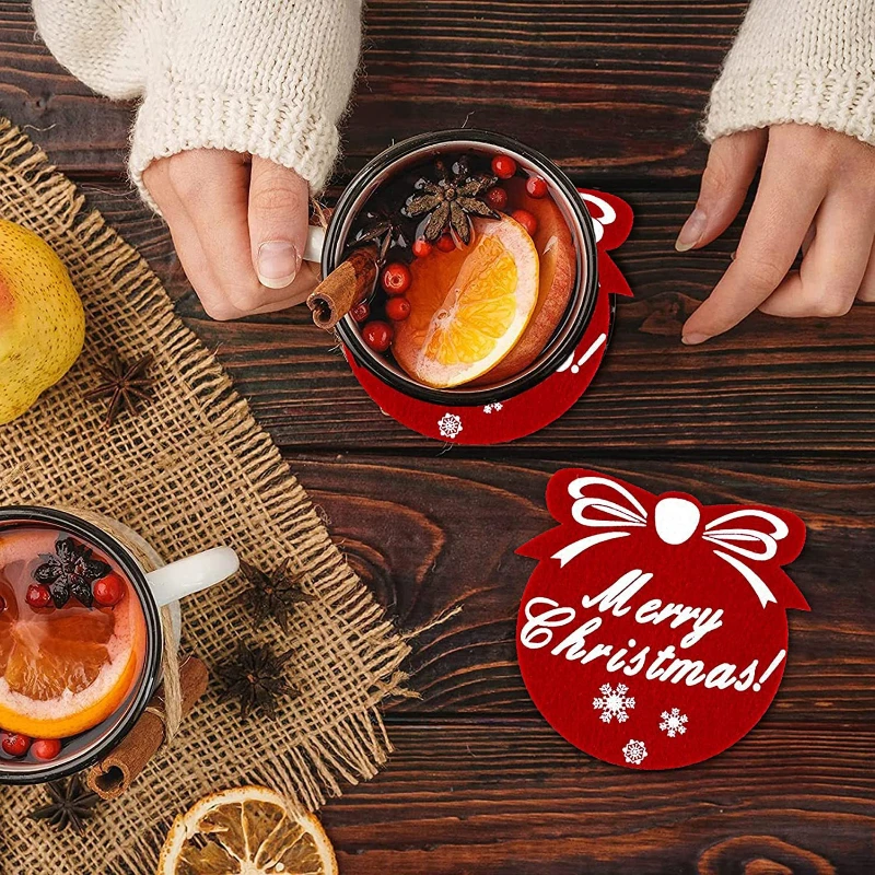 

10Pcs Christmas Coasters Round Felt Cup Mat Pads Dinner Table Ornaments New Year Gifts 2023 Christmas Party Decorations For Home