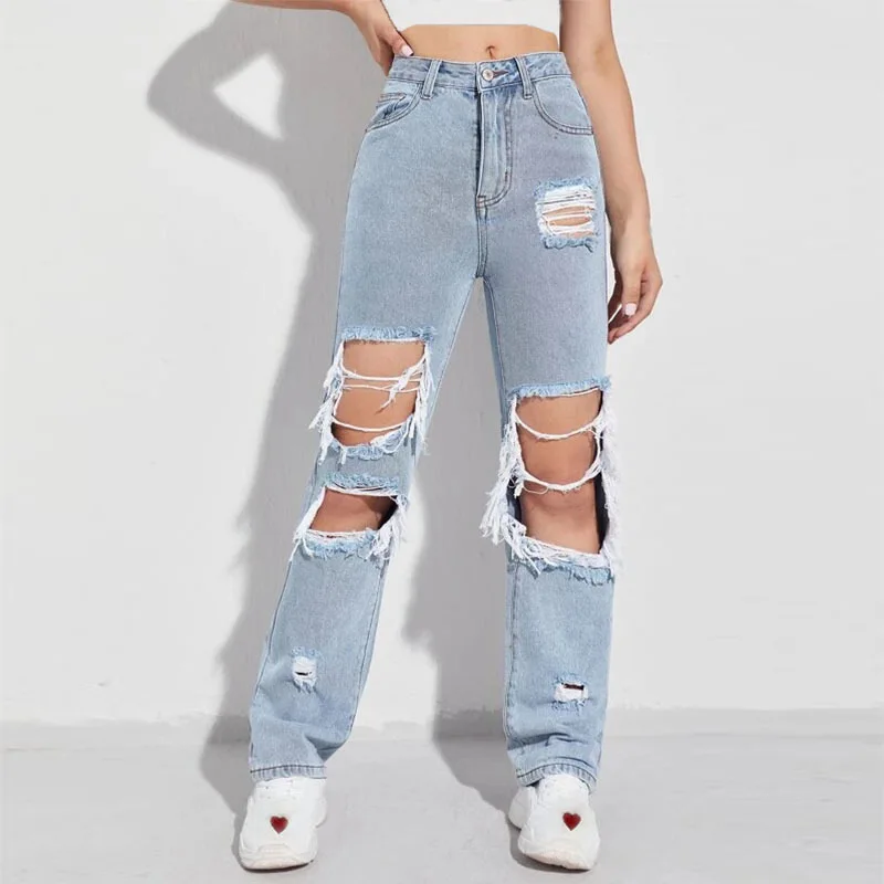 

Blue Ripped High Waist Jeans Casual Pants Straight Leg Pants High Waist Trousers Y2k Jeans Riped Jeans