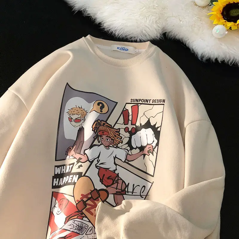 

Autumn and Winter New American Street Personality Cartoon Printing Round Neck Sweater for Men and Women Hip Hop Loose Casual Top