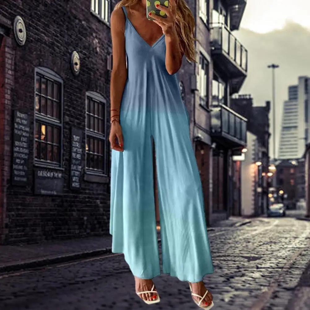 

Lady Jumpsuit Solid Color Deep V Neck Loose Soft Spring Romper Bodysuit Wide Leg Long Pants Trousers combinaison femme