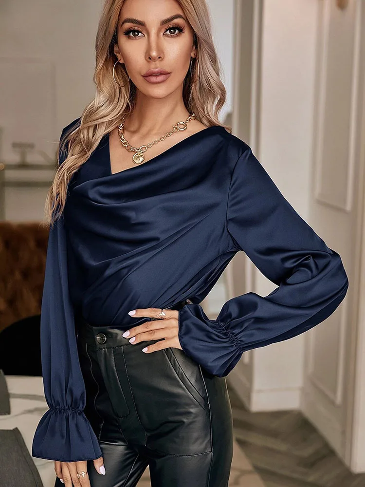 

Women Satin Blouse Tops Tunics Autumn Blouses 2022 Fashion Casual Sexy Cowl Neck Elegant Shirts Long Flare Sleeve Party Blusas