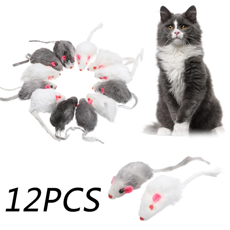 

12 Pcs New False Mouse Cat Pet Toys Rattling Long Haired Tail Mice Soft Real Fluff Sound Squeaky Tease Toy For Cats Dogs