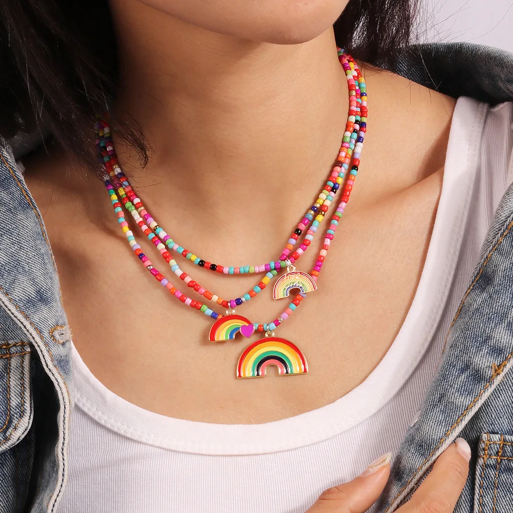

3 Pcs Fashion Multilayer Seed Bead Enamel Rainbow Pendant Necklace For Women Bohemian Colorful Beads Choker Accessories Gift