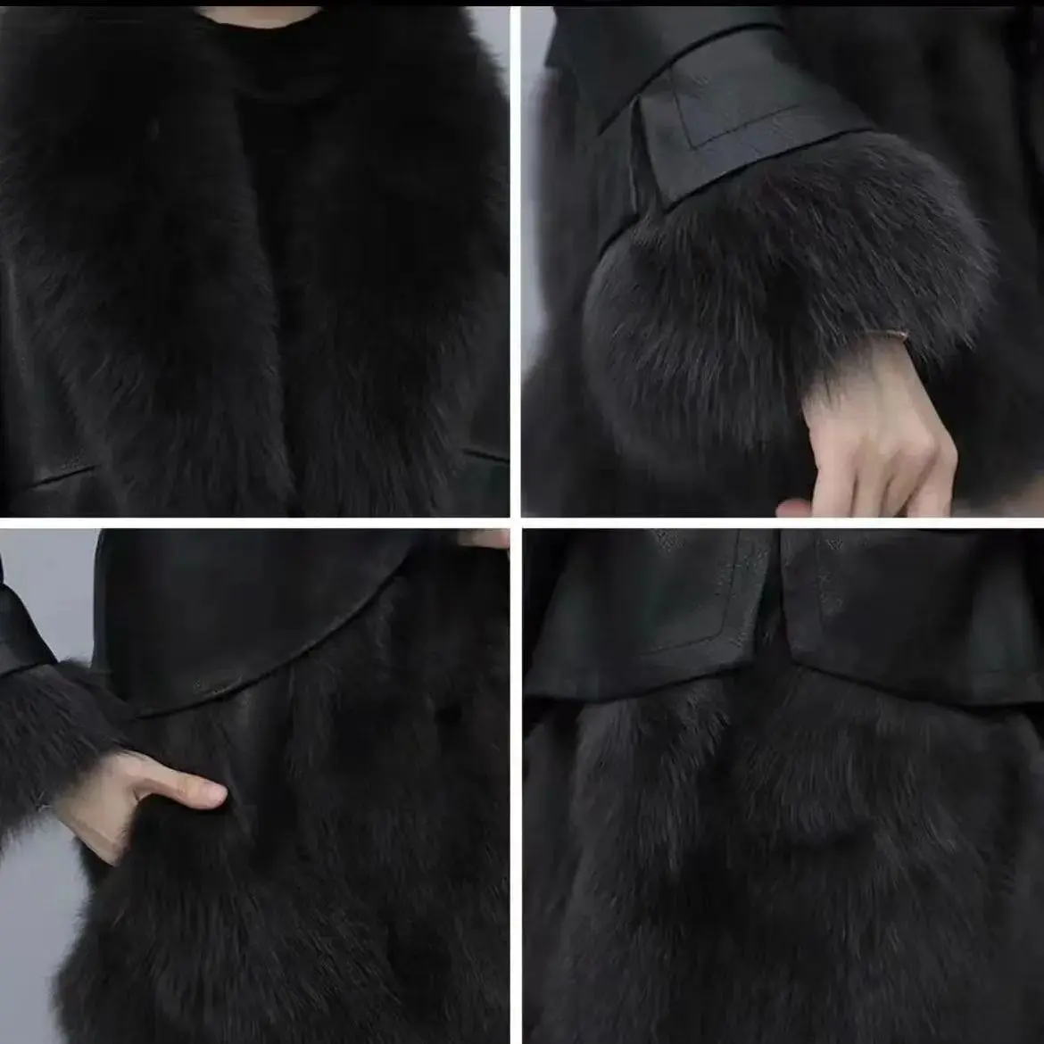 Winter Jacket Women 2022 New Mid Long Slim Black Faux Fur Coat Fox Fur Collar PU Leather Stitching Female Clothing Fashion Tops