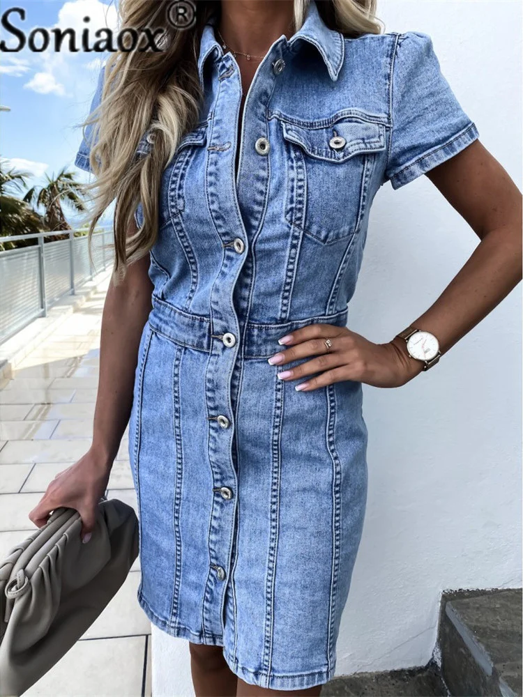 Купи 2022 Summer New Retro Light Blue Short Sleeve Denim Dress For Women Fashion Sexy Slim Jeans Dress Office Ladies Casual Clothes за 1,109 рублей в магазине AliExpress